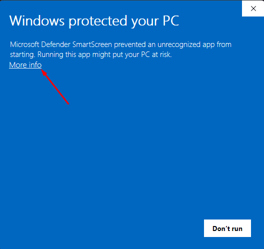 Windows SmartScreen warning “Windows protected your PC”, with an arrow pointing to the More info link.