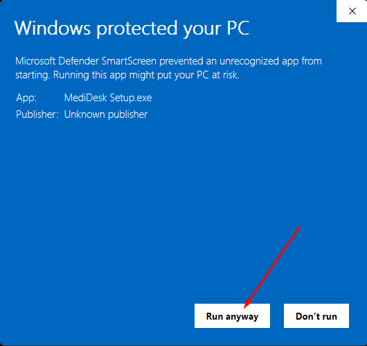 The SmartScreen window showing App: MediDesk Setup.exe, with an arrow pointing to the Run anyway button.