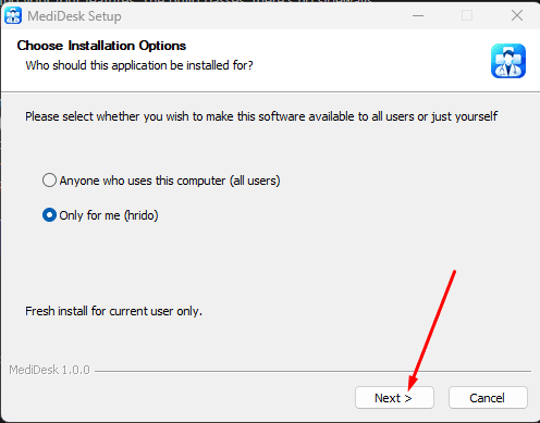 MediDesk Setup installation options with “Only for me” selected and an arrow pointing to Next.