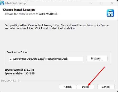 MediDesk Setup install location screen with an arrow pointing to the Install button.